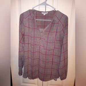 Pleione Flowy Red/Brown Design Blouse Size Small Long sleeve